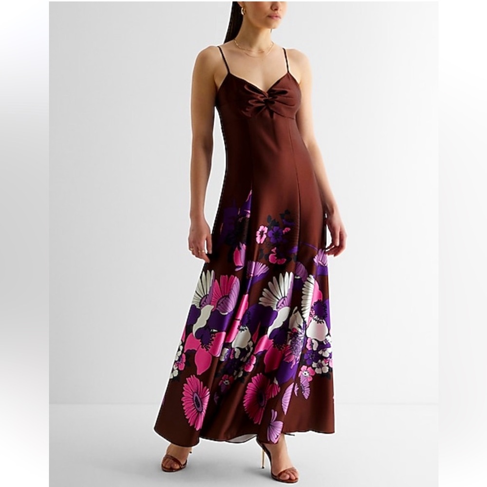 Satin Floral Twist Front Maxi Dress Xsmall Brown/Pink/Purple NWT